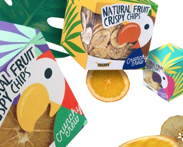 Дизайн упаковки фруктовых чипсов Crunchy Crew