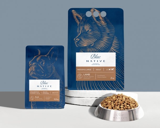 Логотип и дизайн упаковки корма для собак Blue Native