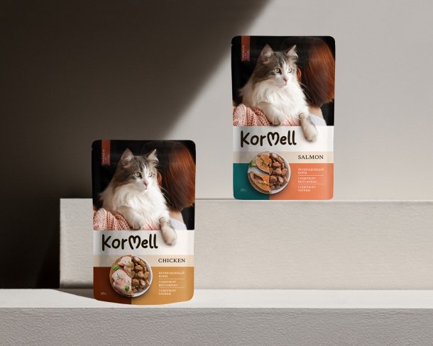 Дизайн упаковки корма для кошек в паучах Kormell